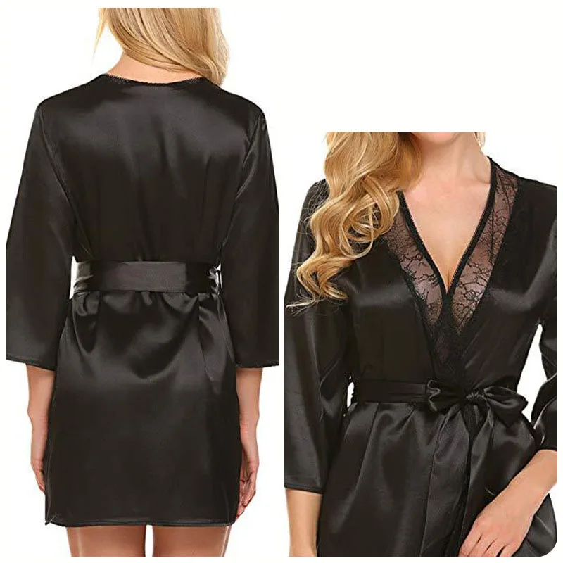Women Sexy Lace Satin Robe Sleepwear Short Nightgown Kimono Bathrobe Lingerie Nighty Dress Soft Comfortable Black Plus Size