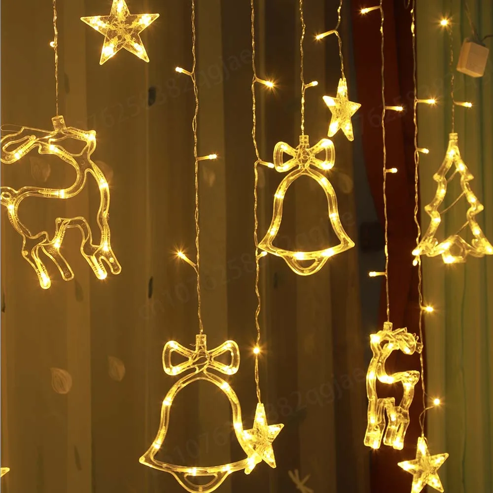 LED Curtain Christmas Lights Deer Bell Star Garland Fairy String Lights New Year Decoration For Wedding Party Holiday 2025_voghion.com