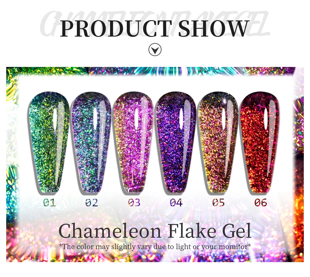 Description Picture 4 of itemPUENTE Chameleon Flake Gel Nail Polish 5ML Aurora Glitter Nail Gel Semi Permanent Varnish Hybrid Soak Off UV Gel For Manicure