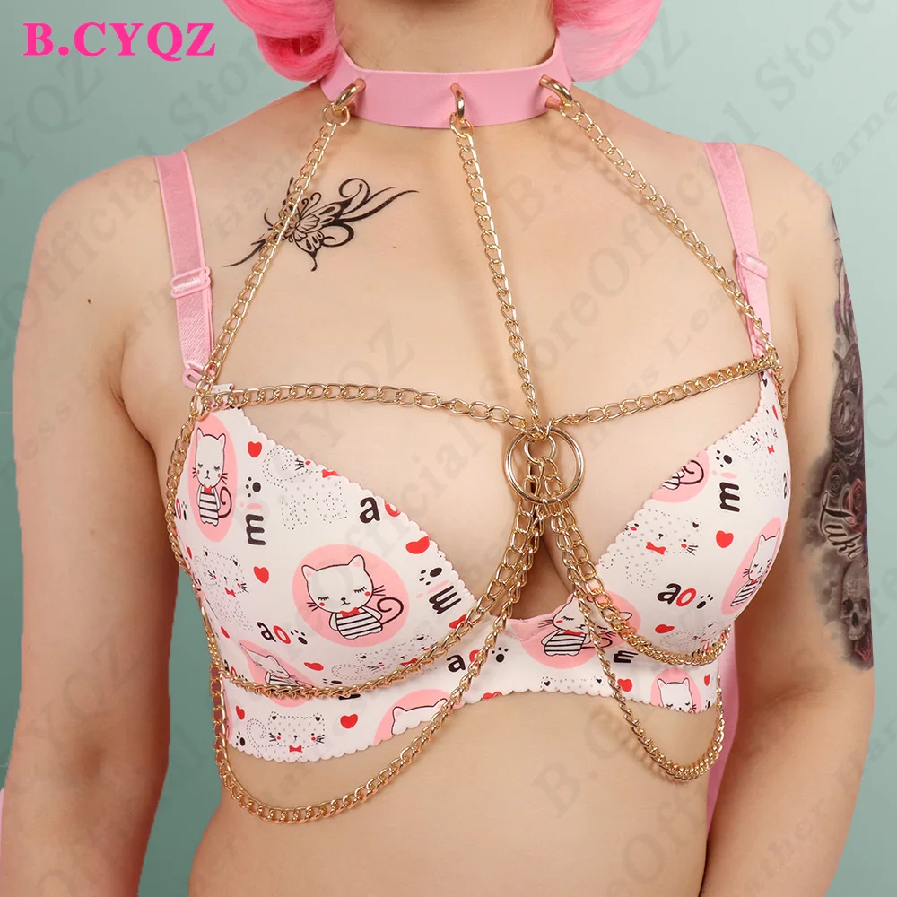 

B.CYQZ Bdsm Body Chain Bondage Sexy Lingerie Pink Leather Harness Goth Garter Belt Bra Harness Erotic Waist Belt Rave Underwear