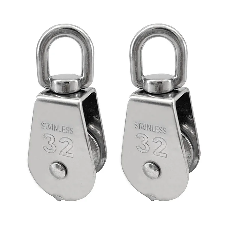 2Pcs M32 Single Pulley Block Stainless Steel Pulley Roller Crane Swivel Hook Fixed Wheel Swivel Rigging Lifting