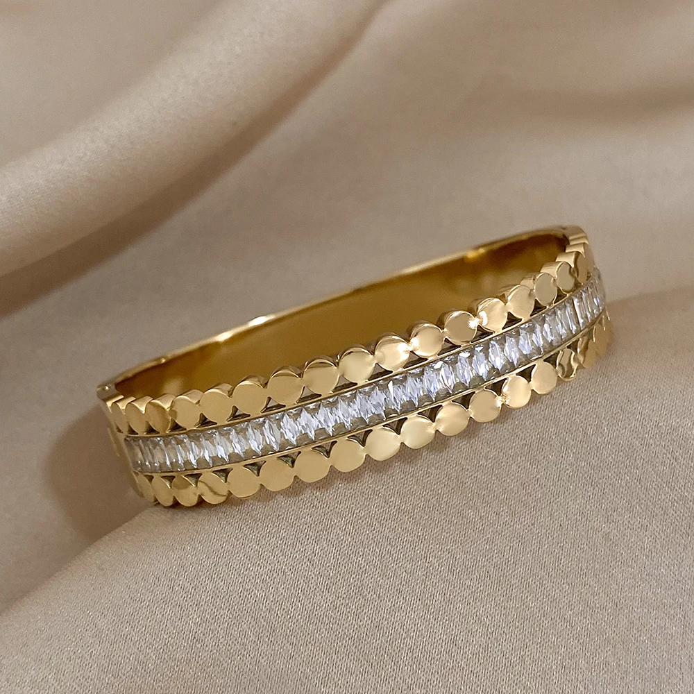 Freetry New Fashion Stainless Steel Layered Inlaid Zirconia Cuff Bangles for Women Oval Wave Geometric Bracelets Party Jewelry 3