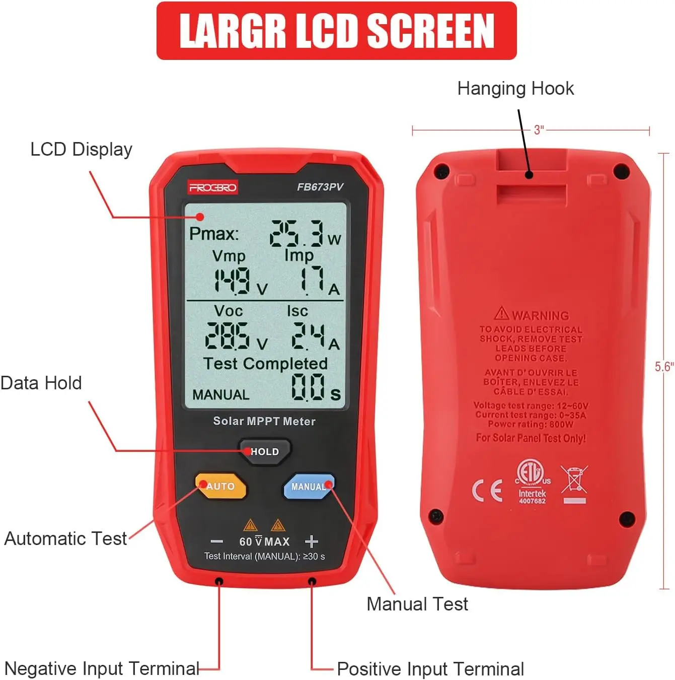 Solar Panel Tester Meter Photovoltaic Multimeter 800W MPPT with LCD for PV Test