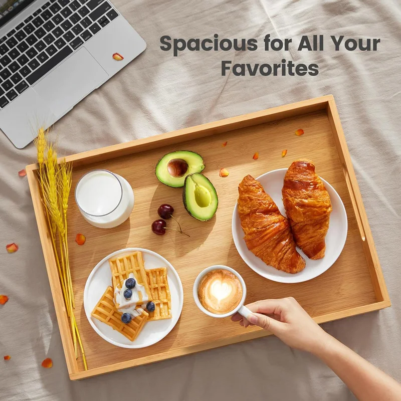 Rectangle Wide Bamboo Tray Storage Bin with Handles Tableware Teacup Holder for Serving Dinner Food Fruit Bread Dessert Tea set