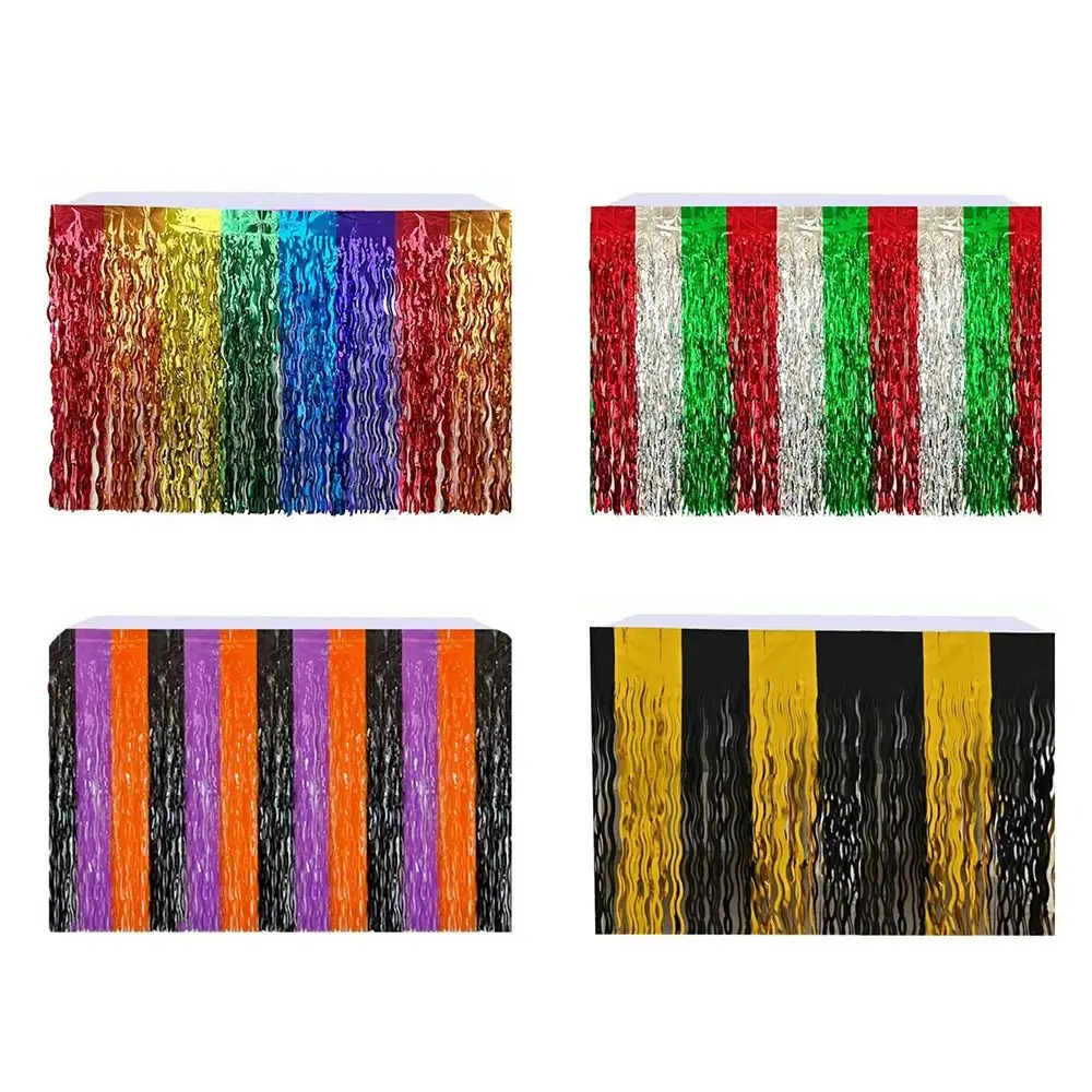 Colorful Rainbow Wavy Table Skirt 75*275cm Table Dress Tablecloths Metallic Foil Tinsel Cloth Halloween Christmas Day