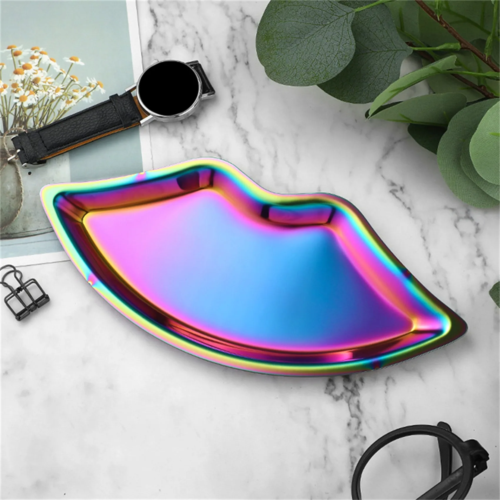Korean Style Ins Style Stainless Steel Lip Shaped Jewelry Tray Home Cosmetics Metal Tray Female Jewelry Storage Tray Decorative