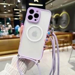 Crossbody Lanyard Matte Hard Magnetic Phone Case with Magsafe Back Cover for iPhone 12 Mini (Purple)