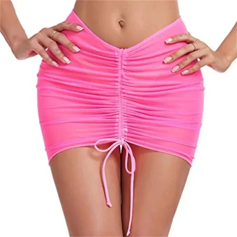 Sexy Women Mesh Shirring Micro Mini Skirt Sheer See Through Bandage Short Skirts Lift Butt Fashion Ladies Club Outfits Dress
