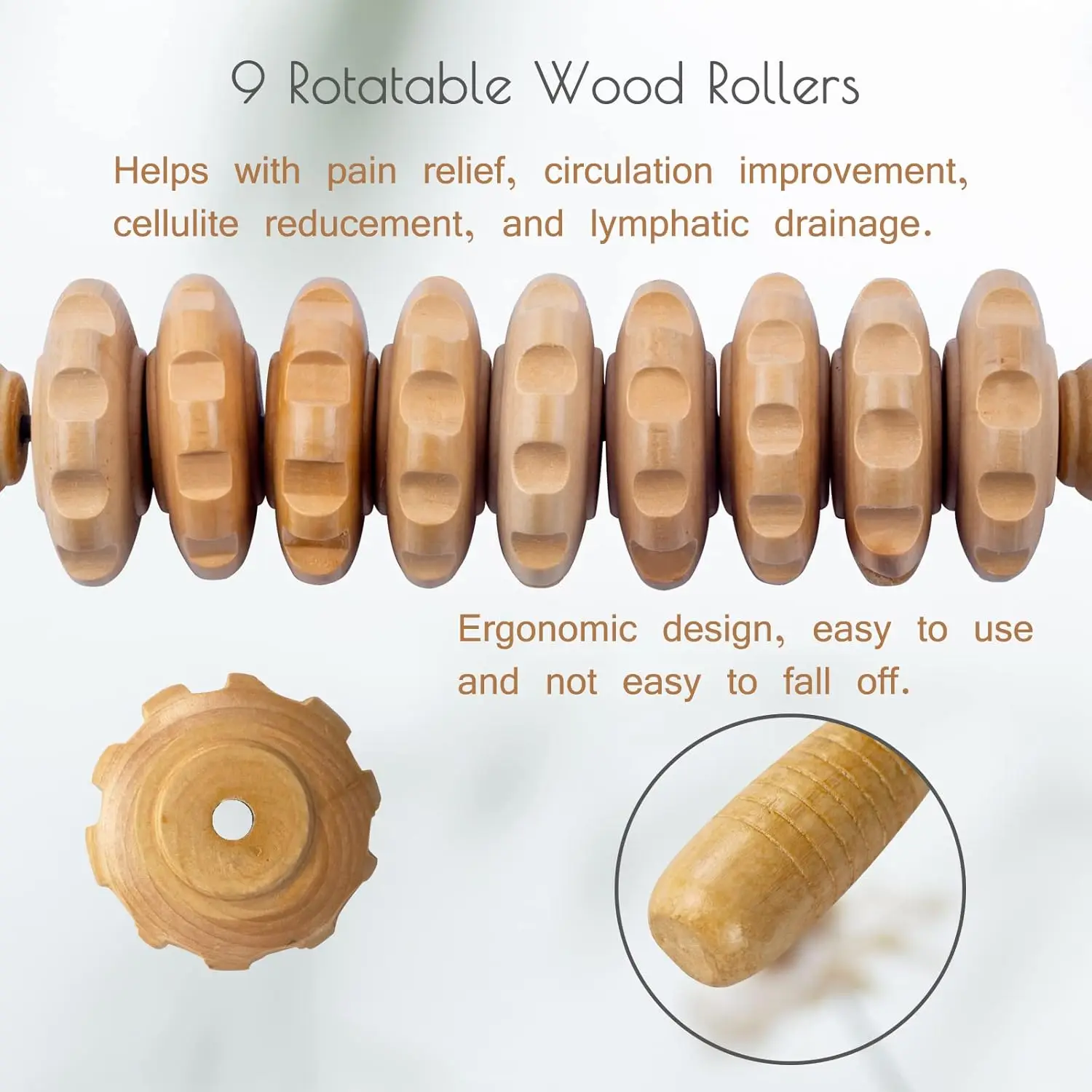 Wooden Massage Roller with 9 Rotating Rollers for Body Shaping and Muscle Relaxation