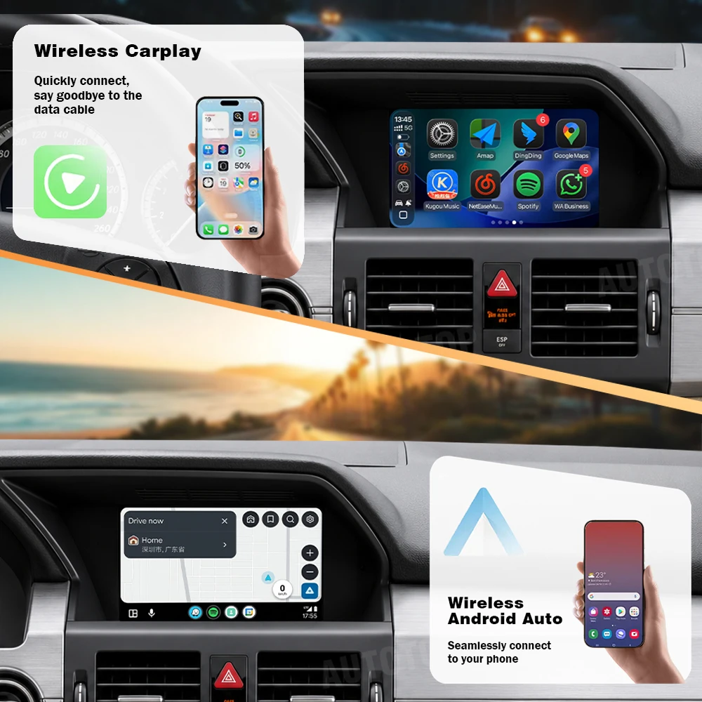 AUTOTOP Pantalla multimedia para coche de 7 pulgadas que conserva el estilo original de fábrica, pantalla táctil para Benz GLK X204 2008-2015 NTG4.0/4.5, radio Linux con CarPlay inalámbrico, Android Auto, navegación GPS, asistente de Google Siri, pantalla de tablero con velocidad y RPM en tiempo real, cámara de respaldo 3