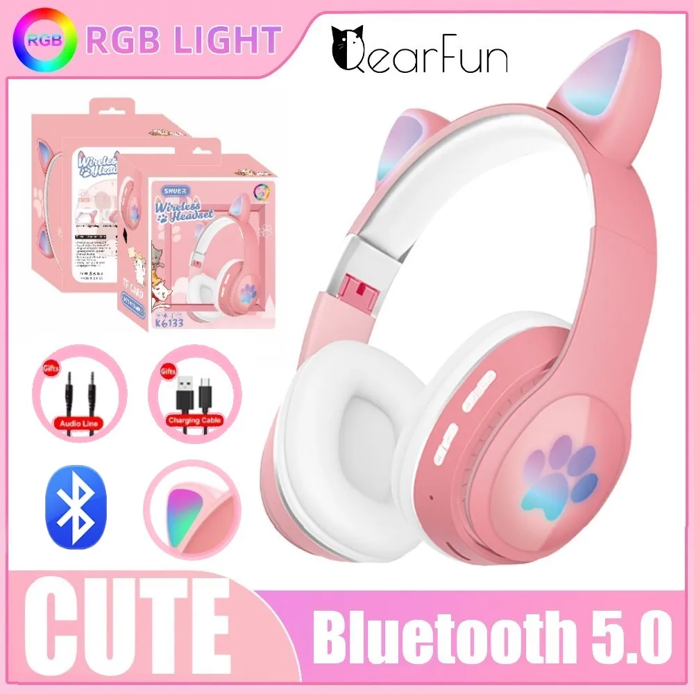 

New Bluetooth Cat Ear Headphones for Kids Wireless & Wired Mode Foldable Headset with Mic RGB LED Light for Girls Kids Gifts