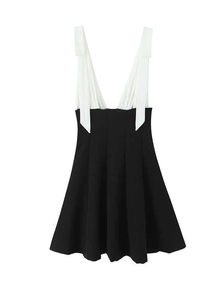 TFMLN Women Black White Contrast Color Dresses 2025 Elegant Bow Sling Mini Dress Sexy Backless Sleeveless A-line Women Clothing