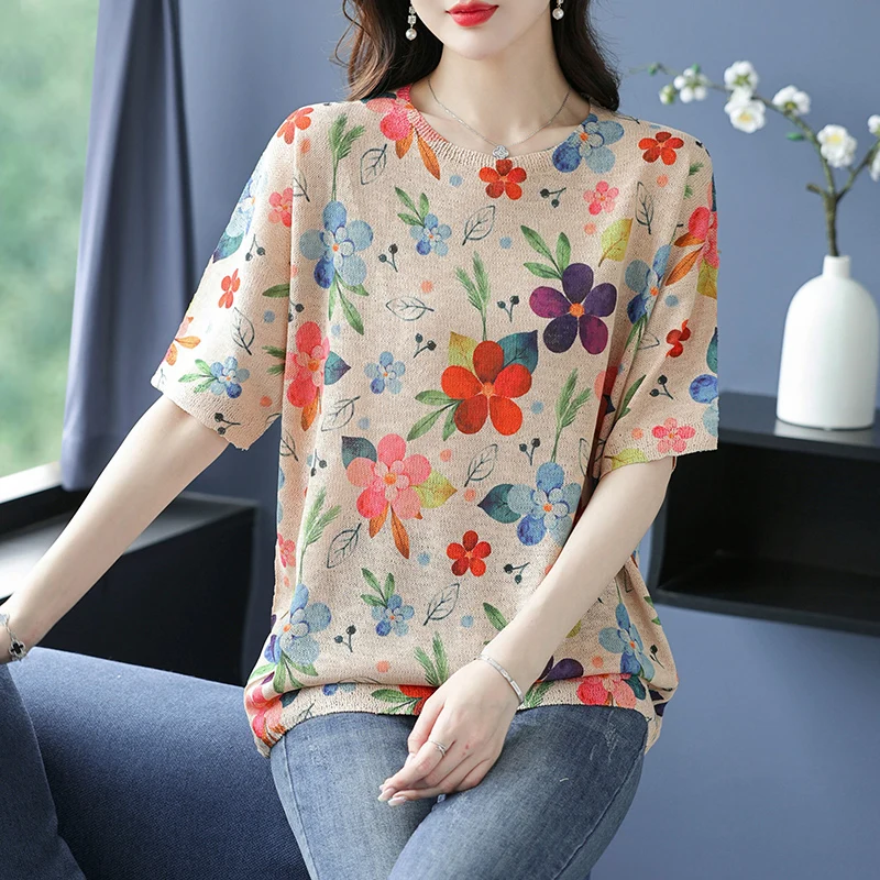 

Floral Print Knitted T Shirt Women Sweater Pullovers Summer Clothes For Women Hollow Tees Top Loose Style Short Sleeve T-shirt