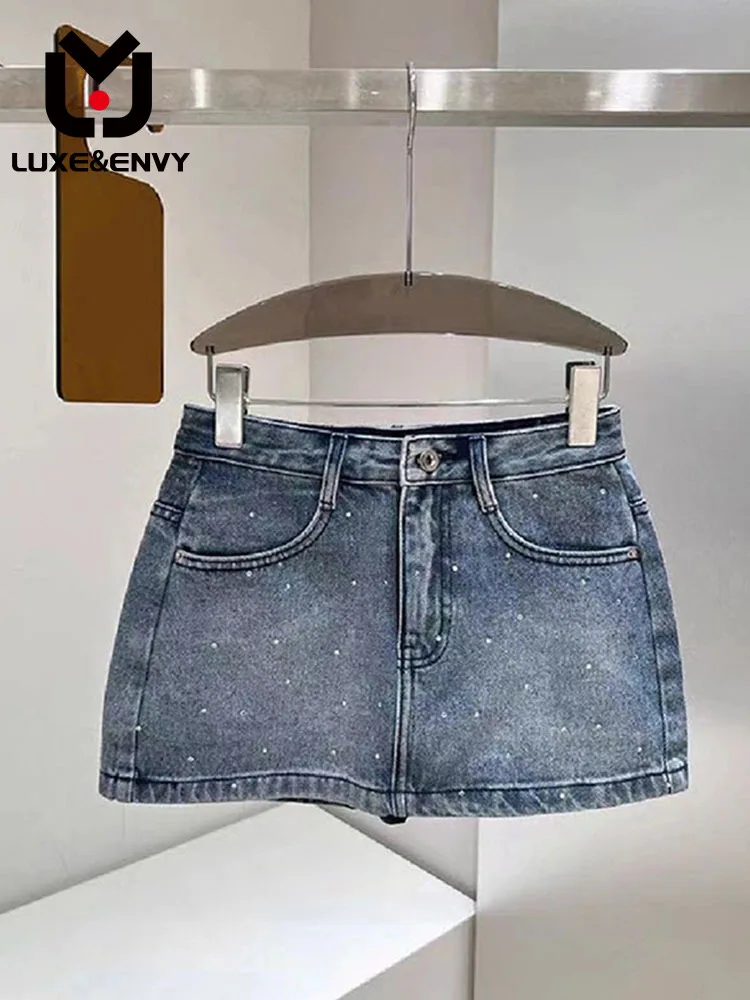

2023 Summer New Diamond Embedding Blue Denim Short Skirt Women's Versatile Trouser Skirt Slim Fit Half Skirt