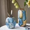 Blue Glass Vase Graded Marble Grain Flower Vase Flower Pot Floral Arrangement Terrarium Home Decoration Accessories 1