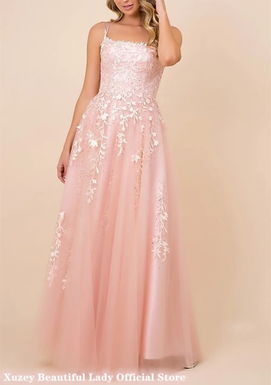

Pink Tulle Evening Dress Spaghetti Strap Backless Prom Gown Petal Princess Elegant Wedding Dresses For Women Robe 드레스 שמלות מסיב