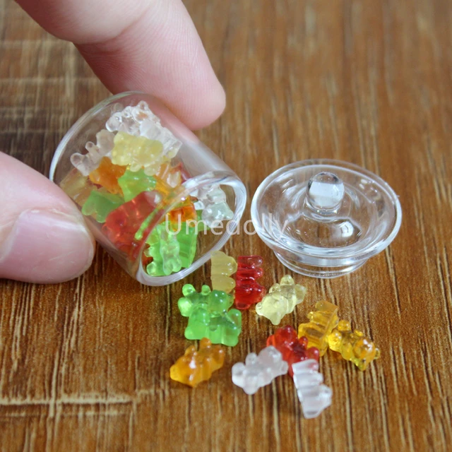 1/6 Scale Cute Mini Glass Candy Jar Mini Bear Jelly Drops Simulation Miniature Dollhouse Food for BJD Blyth Doll Kitchen Toy