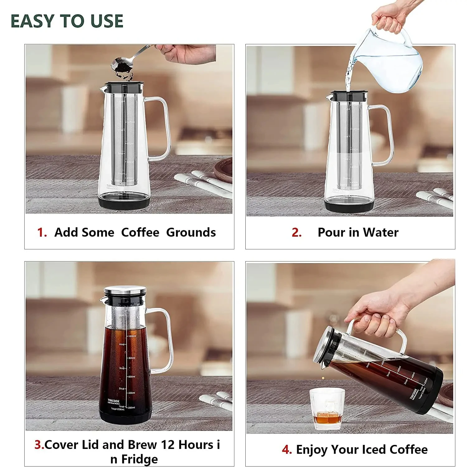 Coffee Maker Coffee Pot Iced Coffee Maker 1000/1400ML Glass Cold Brew Coffee Pot with Filter 4-8 Cups Water Bottle Extracted Espresso for Home