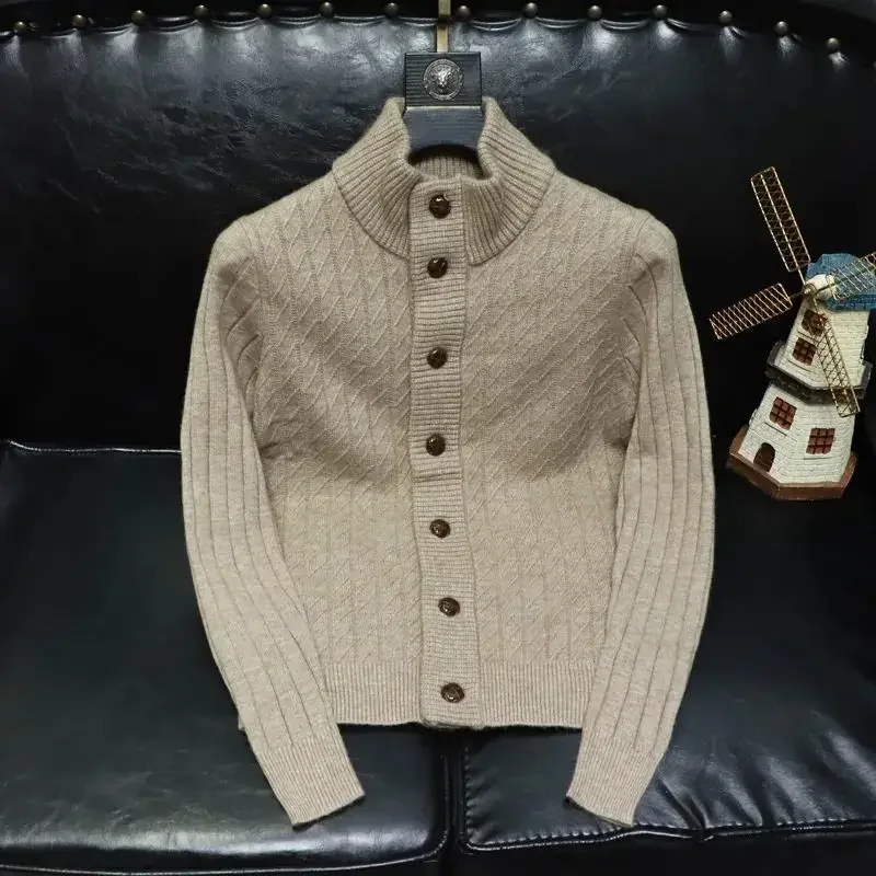 Cárdigan de cuello alto de color liso, suéteres de punto de cuello alto para hombres, ropa de hombre negra lisa, sin capucha, holgado, tendencia 2024, cigarrillo