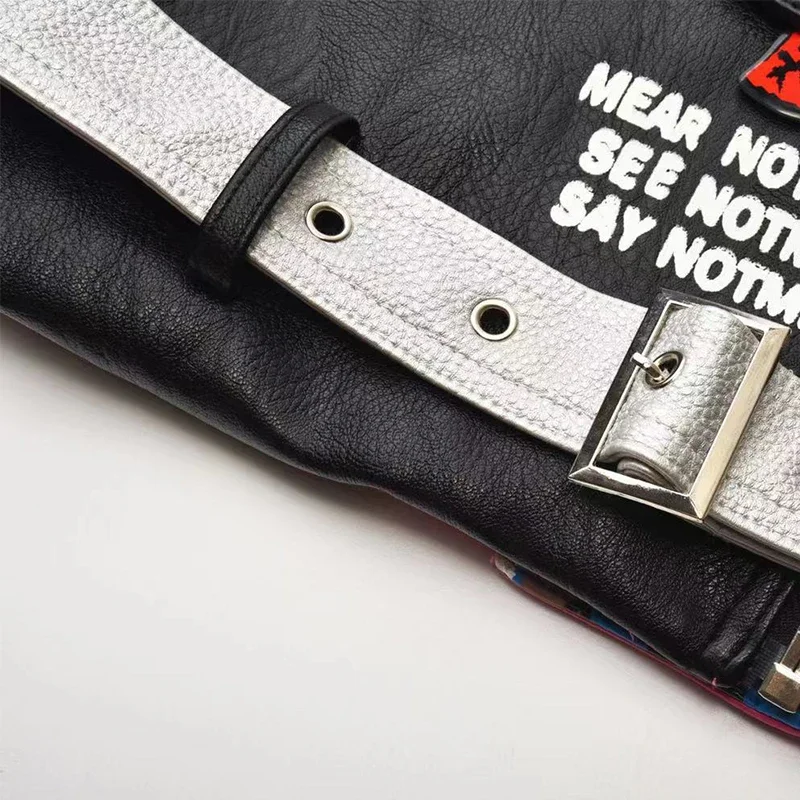 Punk Rivets Cropped Motorcycle Jacket Women 2024 Trend Streetwear Graffiti Print Contrast Stitched Faux Leather Jacket