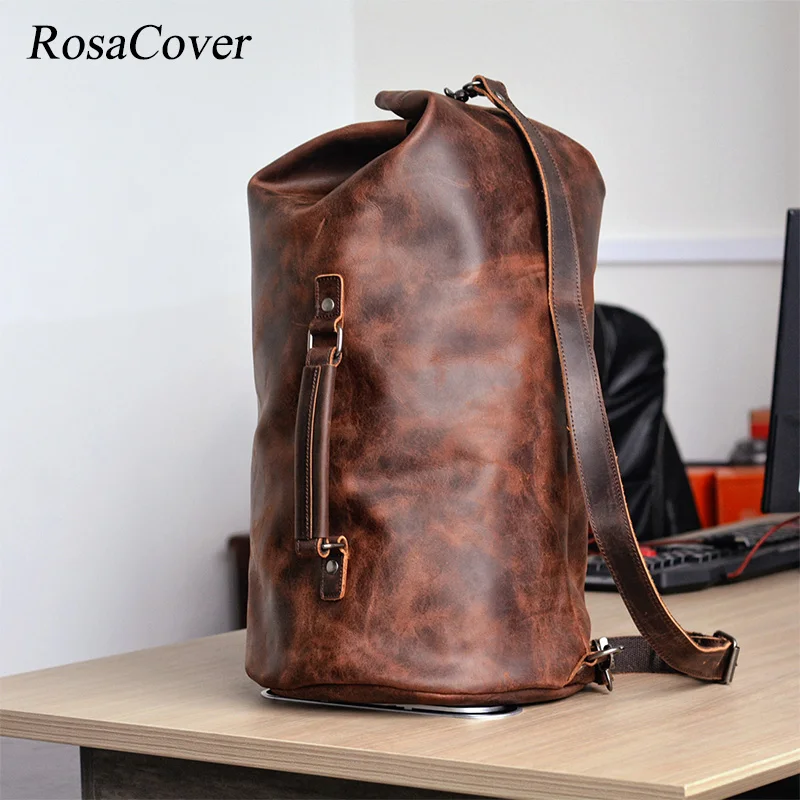 

New Vintage Genuine leather backpack men's large capacity cylindrical bag outdoor travel backpack mountaineering bag Mochilas