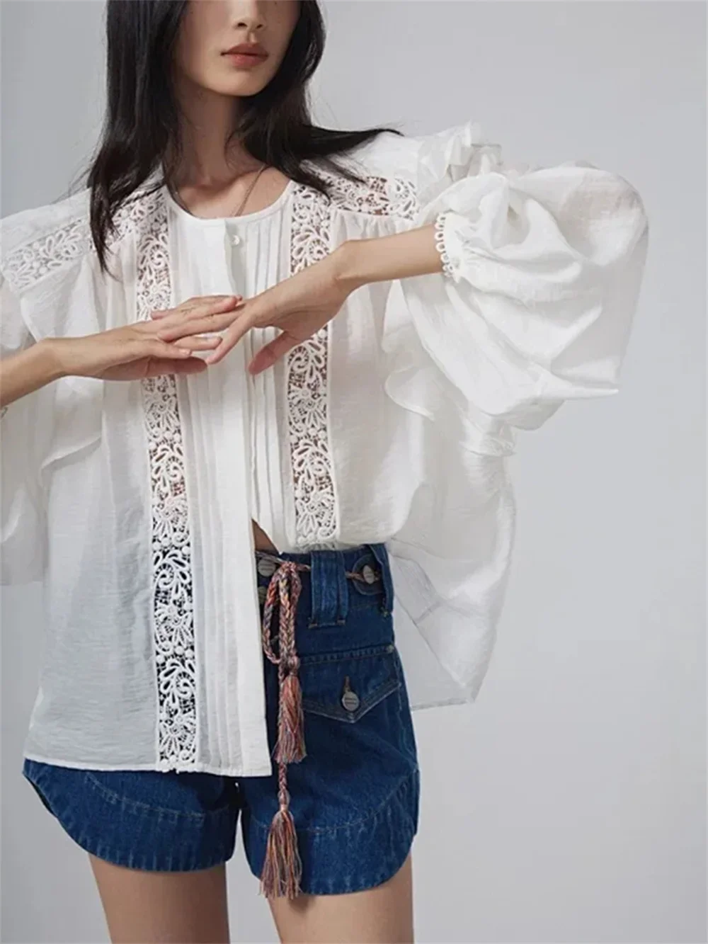 

Women's Shirt 2023 New Lace Stitching Hollow Out Ruffles Round-neck Covered Buttons Loose Casual Long Sleeve Blouse