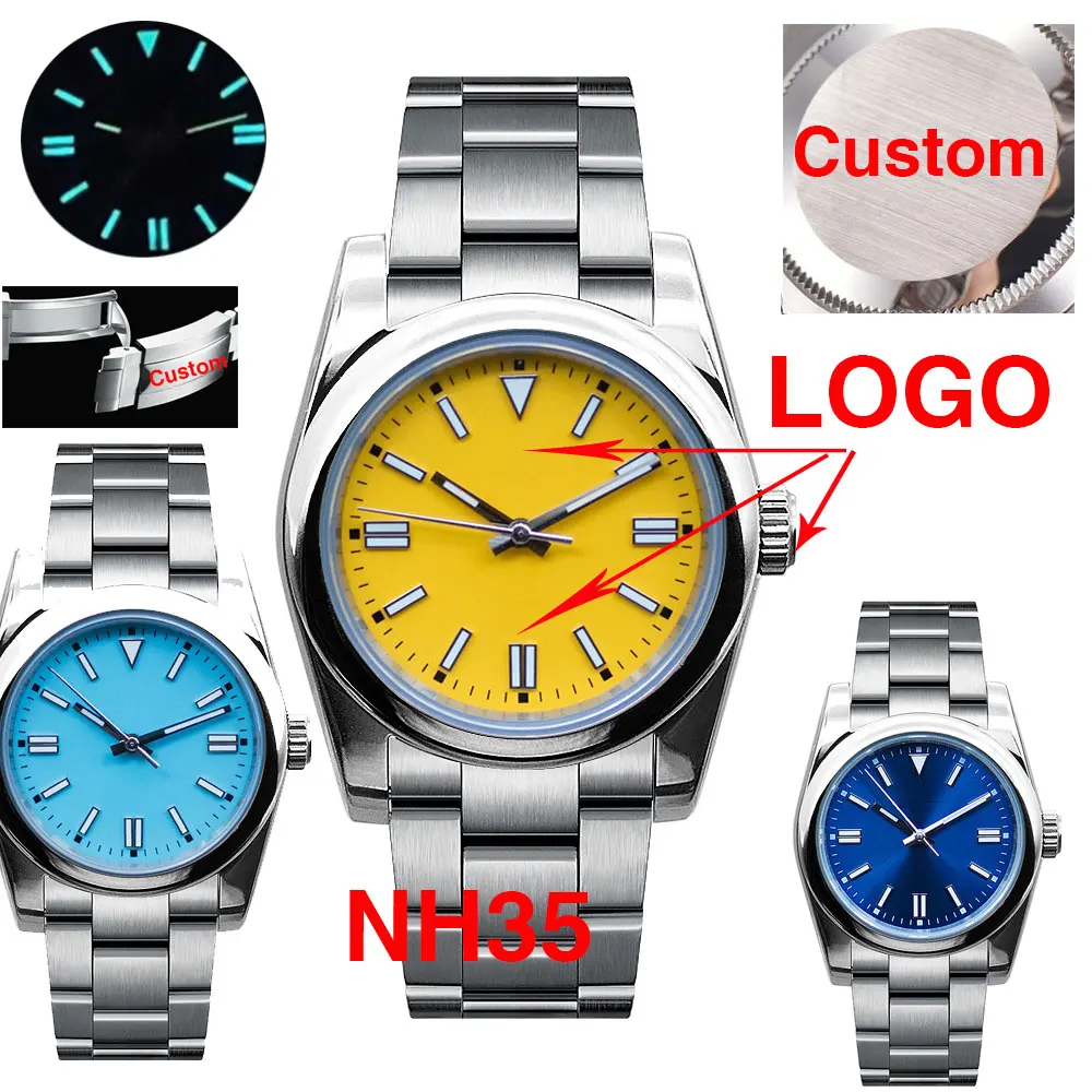 36/39mm personnalisé Relogio Masculino logo personnalisé saphir cristal automatique montre pour hommes japon NH35 mis5 mouvement vert lumineux