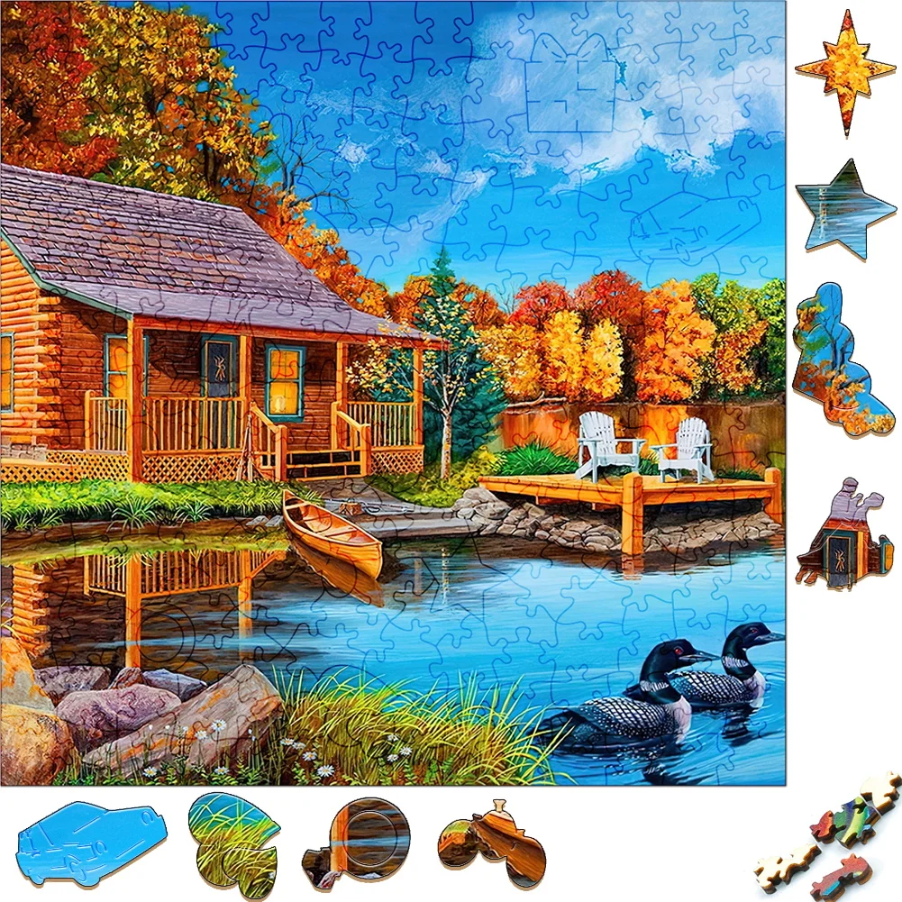 Creative Wooden Jigsaw Puzzles Autumn Wooden House 3D Wood Puzzle Craft Irregular Family Interactive Puzzle Toy Social Games unique wooden puzzles fishing boat colorful house wood jigsaw puzzle craft irregular family interactive puzzle gift for friend