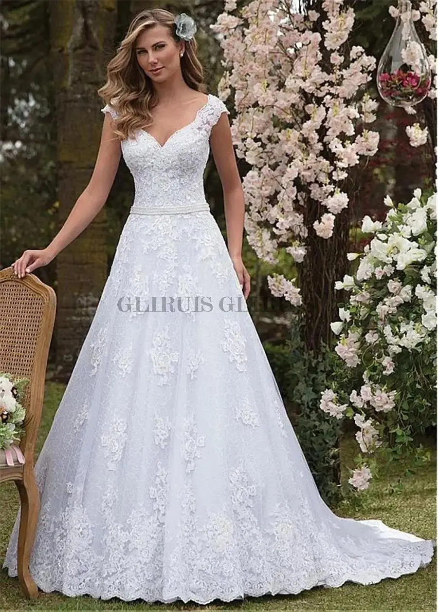 

Tulle Lace V-neck Neckline A-line Wedding Dresses With Appliques Beadings Sash Bridal Grown Vestido De Casamento