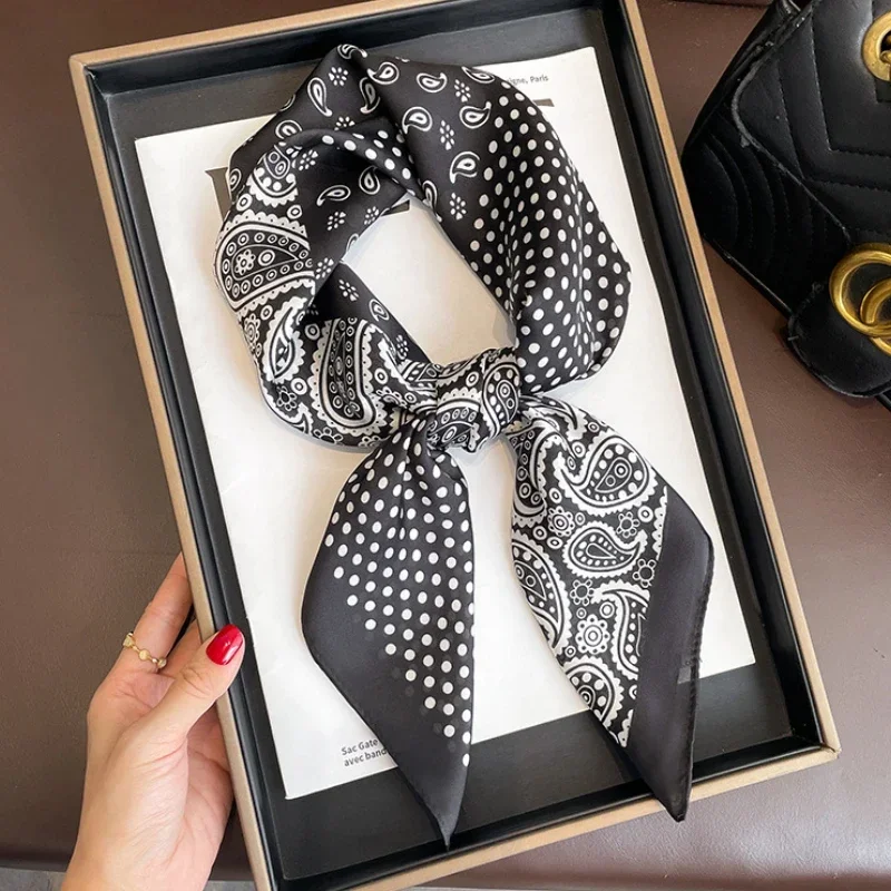 Retro Polka Dot Montage Silk Square Scarf Women Soft Satin Hairband Neckerchief Hijab Lady Headband Foulard Bag Ribbons Kerchief 5