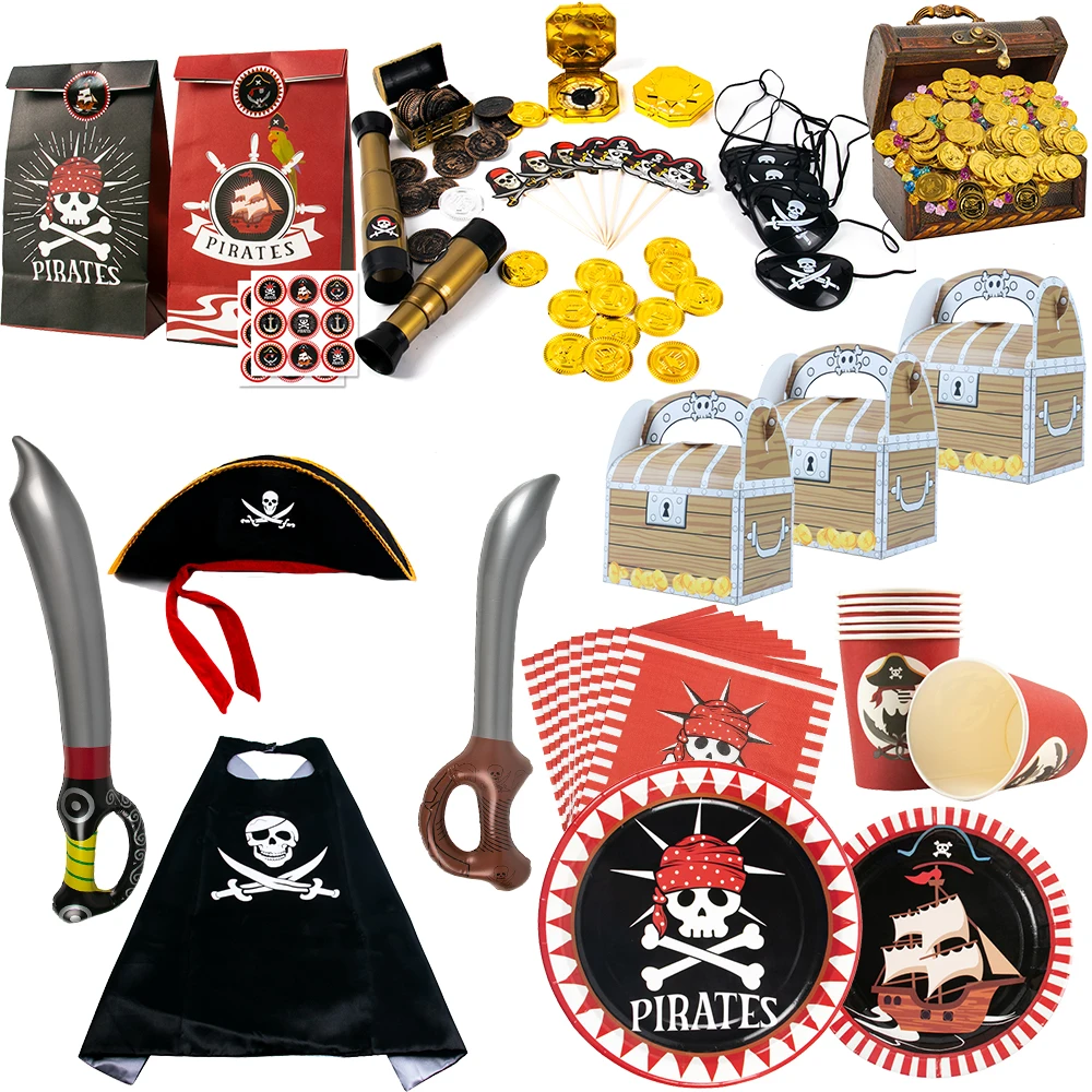 Boys Pirate Skull Disposable Tableware Adventure Party Treasure Map Paper Plate Napkin Cup Telescopes Coins Gems Halloween Party