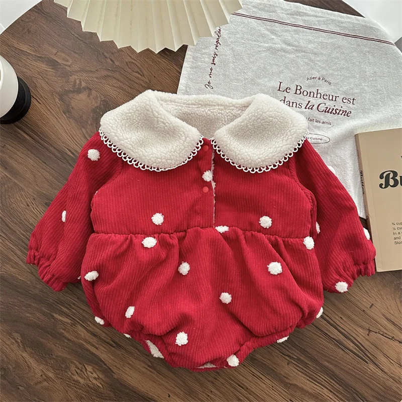 

Red Corduroy Baby Christmas Romper Thicken Fur Princess Girls Petal Collar Lace Bodysuit Snowsuit Soft Warm Newborn Clothes