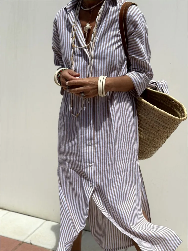Ladies Shirt Dress 2024 Autumn New Lapel Single Breasted Striped Printed Vestidos Elegant Lace Up Split Commuting Long Dresses 5