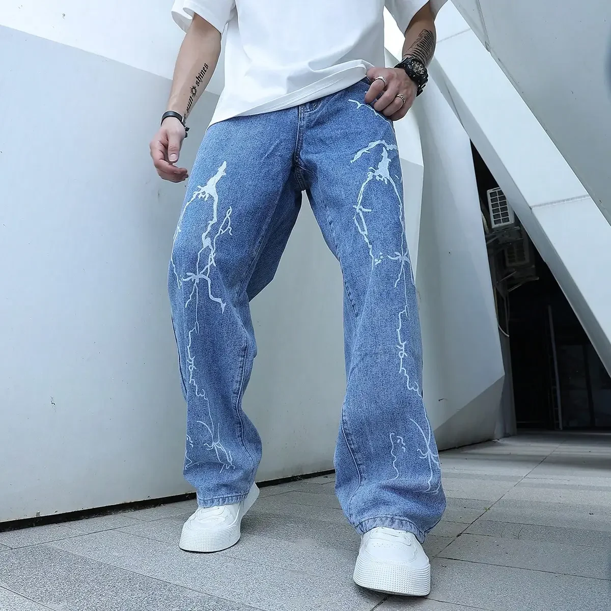 Men Jeans Graffiti Printing Gradient Hip Hop Trousers Harem Cartoon Loose Casual Ankle Banded Cargo Denim