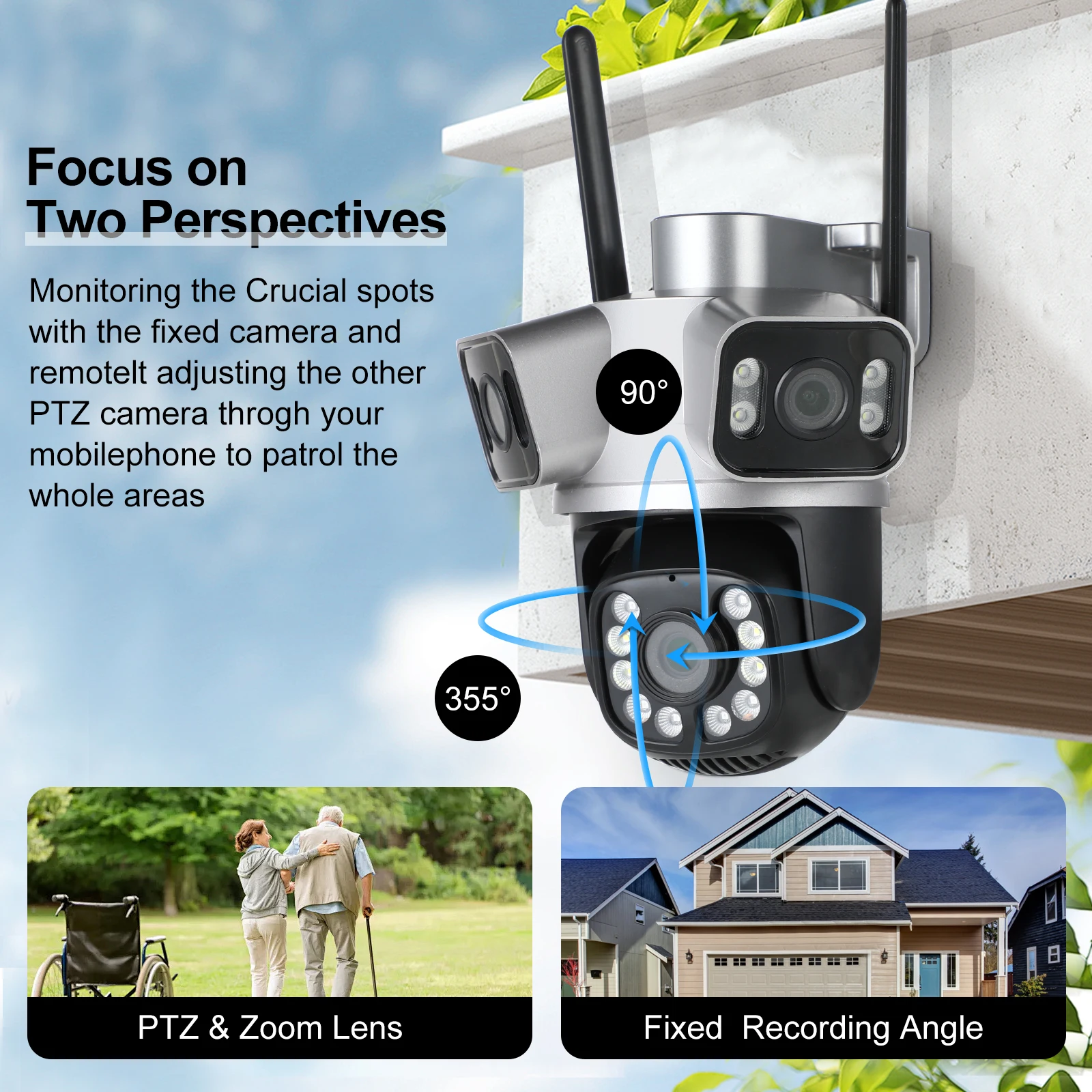 6K 12MP WiFi Surveillance Camera, 3Lens 3 Screens, Digital Zoom, AI Human Detect, ONVIF, 8MP Outdoor Security PTZ IP Cameras.