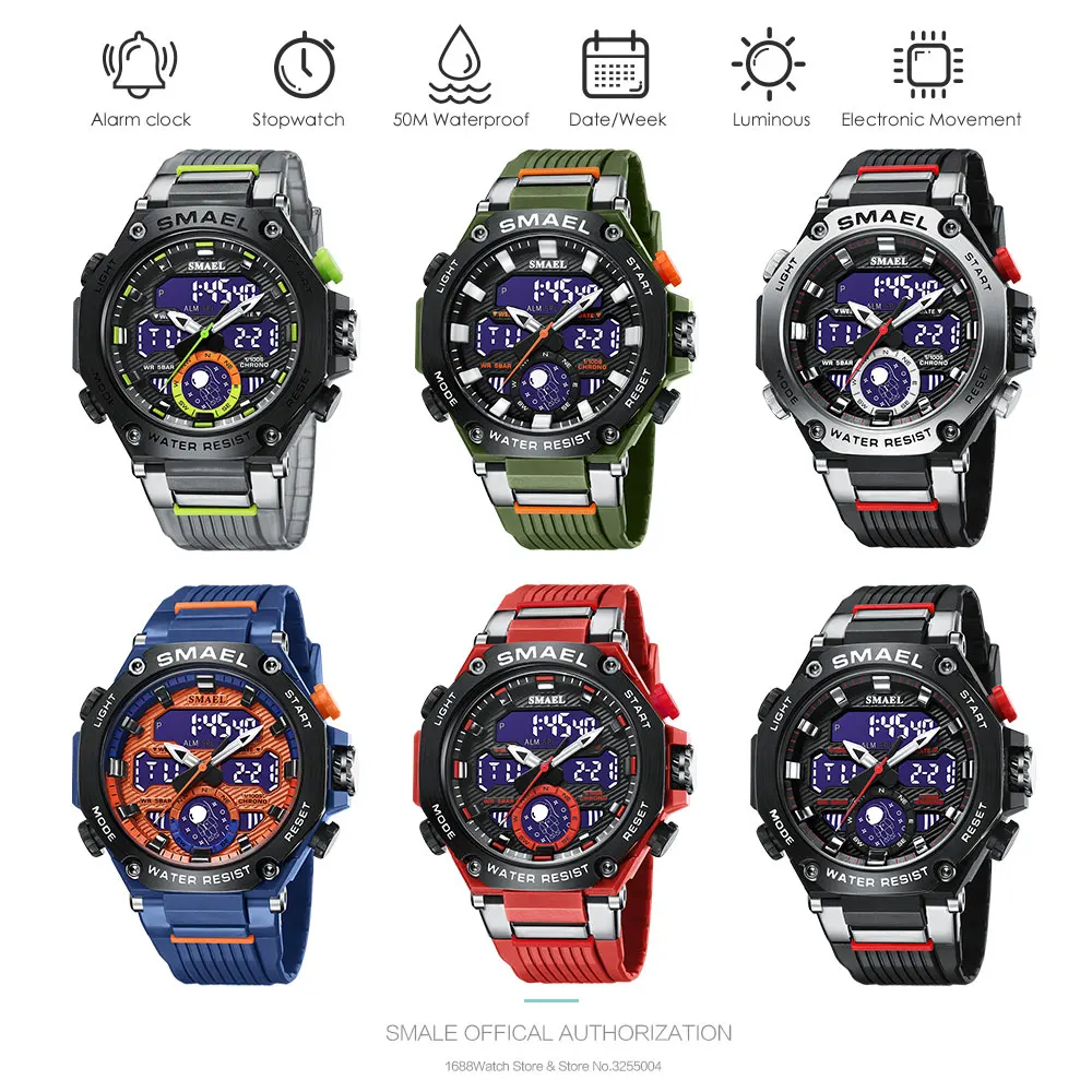 SMAEL Electronic Watch for Men Fashion Dual Time Display Digital Wristwatch with Auto Date Chronograph Quartz LED Watches 8069