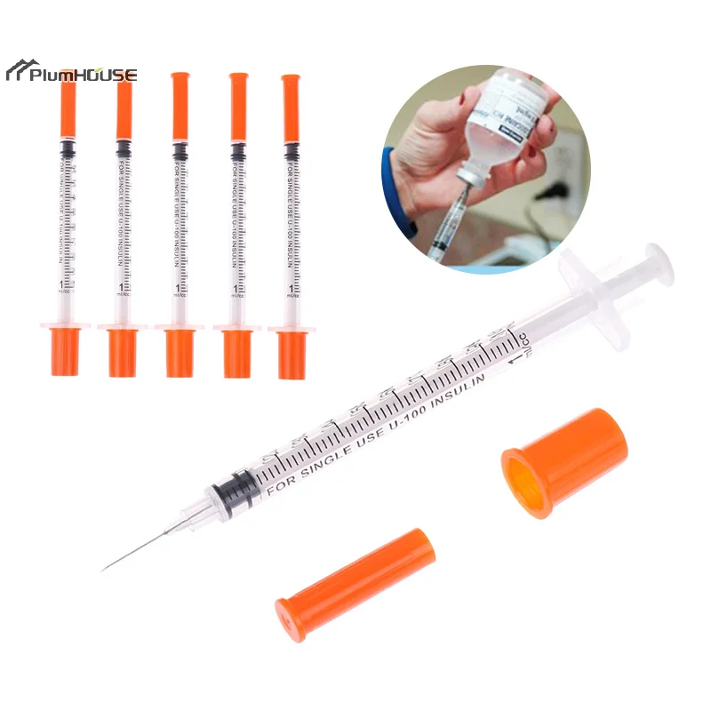 1/0.5/0.3ML Disposable Plastic Veterinary Syringe Orange Cap Sterile Insulin Syringe w/ Needles 5Pcs For Pet Farm Animal Cat Dog disposable plastic syringe,veterinary needle