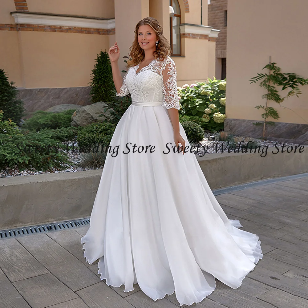 

Charming Plus Size Wedding Dress for Bride Half Sleeves V Neck Applique Sweep Train A Line Organza Bridal Gown Robe De Mariee