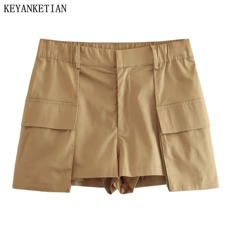 

KEYANKETIAN Women Khaki Culottes Summer New American Street Style Asymmetrical Cut Pockets Elastic Mid-Waist Skirt Skort