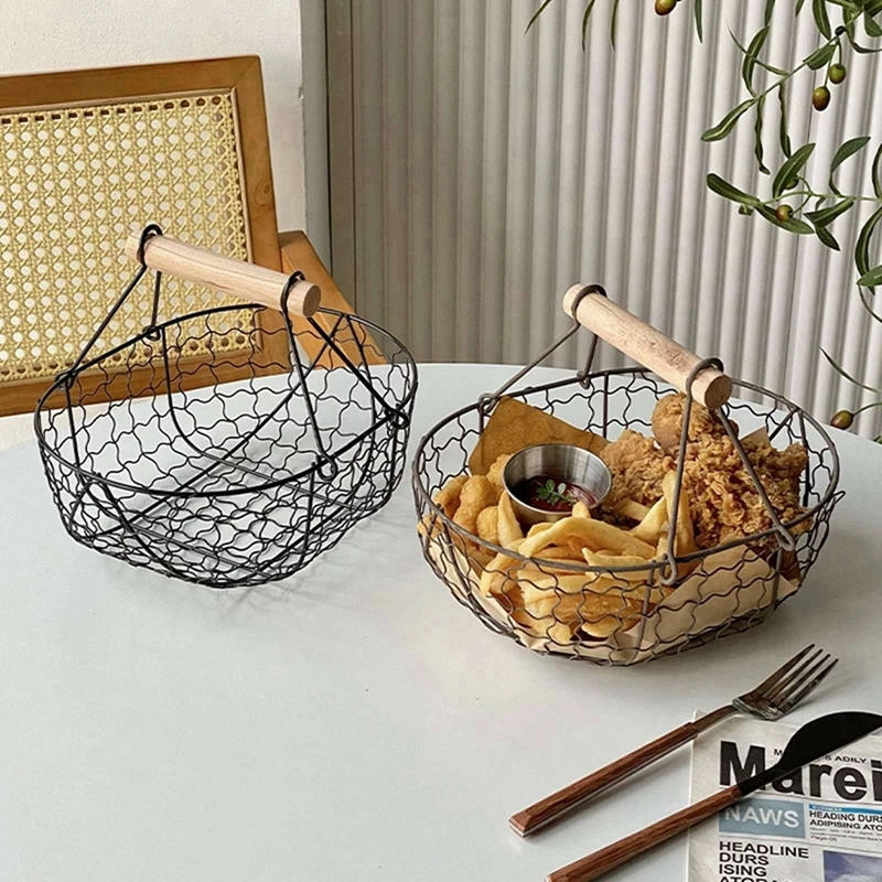 나무 손잡이가 달린 금속 와이어 바구니, 빵 음식용 장식 서빙 바구니, 과일 계란 가정 정리함 주방 보관 과일 통 