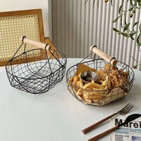 Metal Wire Basket with Wood Handle Decorative Serving Basket for Bread Food Fruit Egg Home Organizer Kitchen Storage Fruit Bins 1