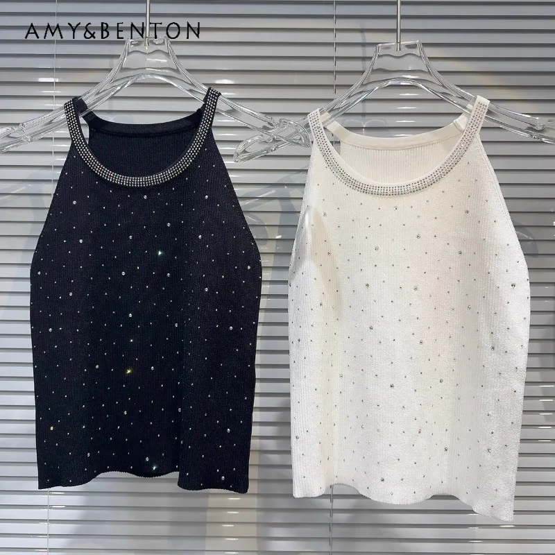 

2024 Summer New Fashion Tank Top Socialite Neckline Hot Rhinestone Design Halter Knitted Vest For Women's Clothes Y2k Slings