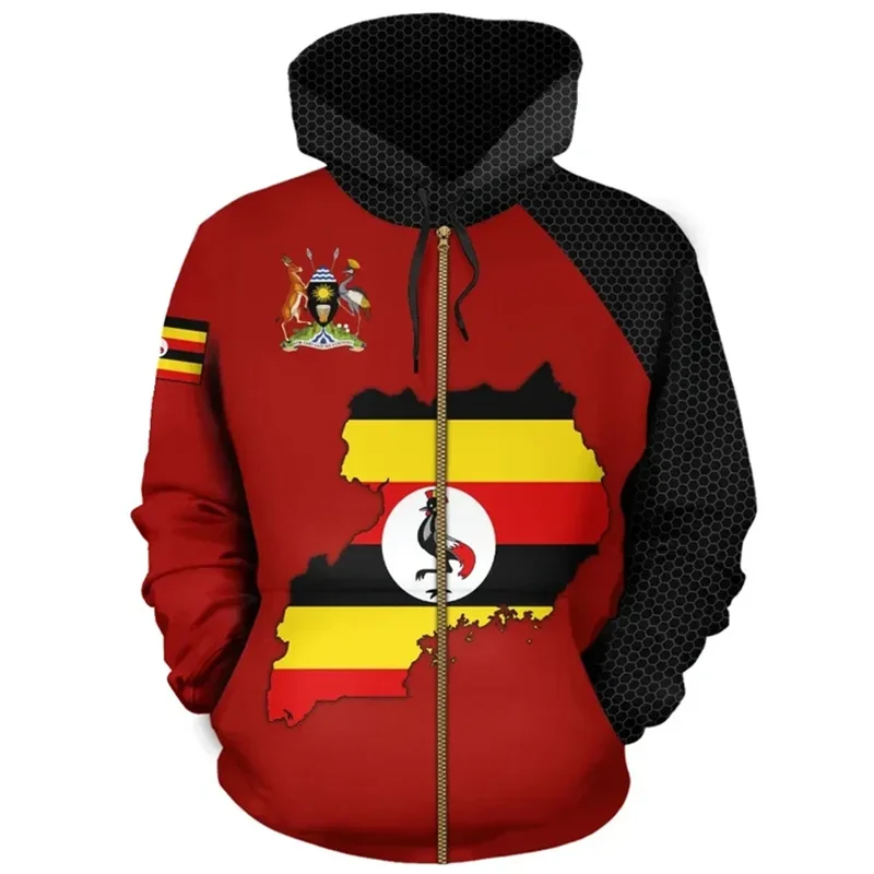 thumbnail image 1 of Sudadera con cremallera y estampado 3D de la bandera de Uganda para hombres y mujeres, sudaderas con capucha de país africano, sudaderas casuales holgadas de manga larga para la calle, 1 of 5