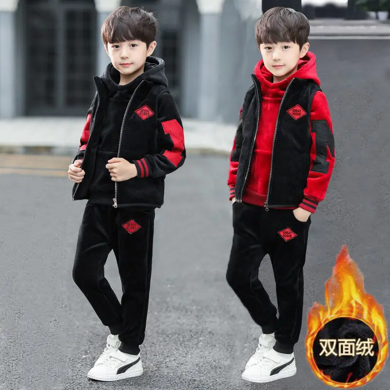 

2024 autumn winter Boys tracksuit Teenager Clothes velvet zipper vest jacket + hooded + Pant Children set Kids 8 9 10 11 12 year