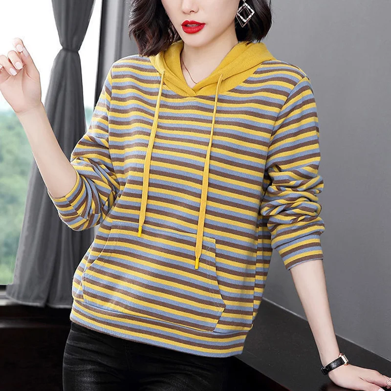 Fashion Hooded Spliced Pockets Loose Striped Hoodies Female Clothing 2023 Autumn New Casual Tops All-match Commute Sweatshirts