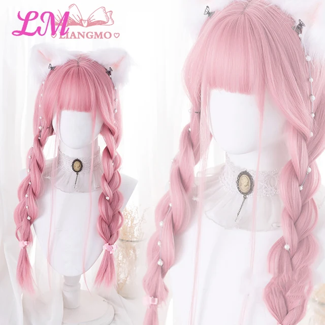 LM Cosplay Wig With Bangs Synthetic Straight Hair 24 Inch Long Heat-Resistant Pink Wig For Women 4