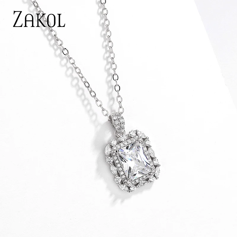 ZAKOL Simple Shiny AAA Cubic Zirconia Rectangle Pendant Necklaces Glamour Bridal Wedding Chain Necklace Fashion Jewelry NP1018 4