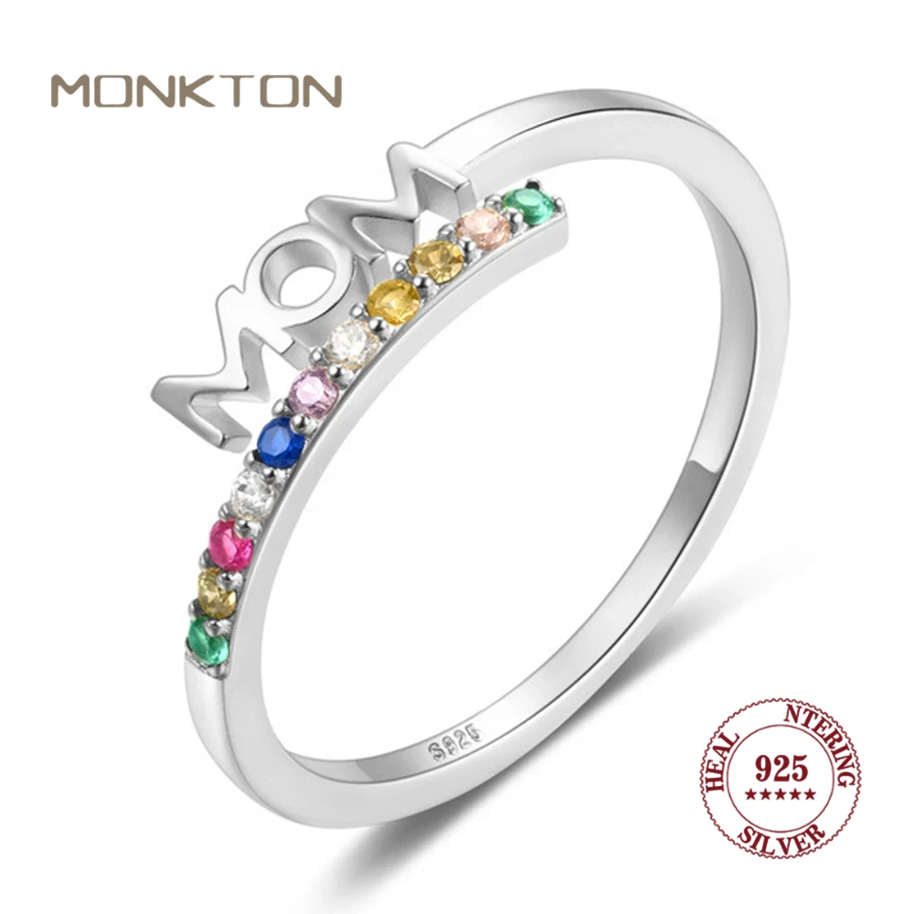 

Monkton S925 Sterling Silver colorful zircon Mom Rings for Women Thin Adjustable Finger Rings Jewelry Mothers Day Gifts for Mom