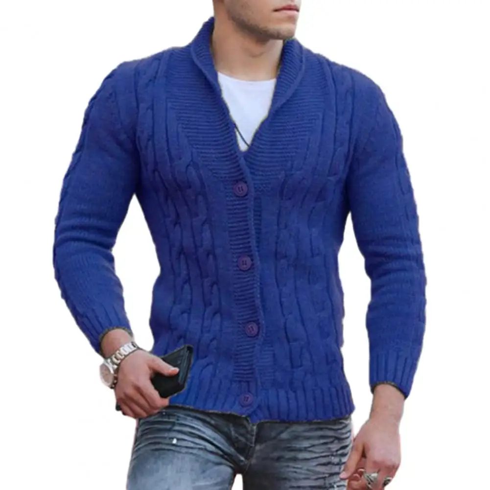 

Men Sweater Coat Lapel Long Sleeve Solid Color Cardigan Twisted Texture Knitted Elastic Slim Fit Men Jacket sueteres para hombre