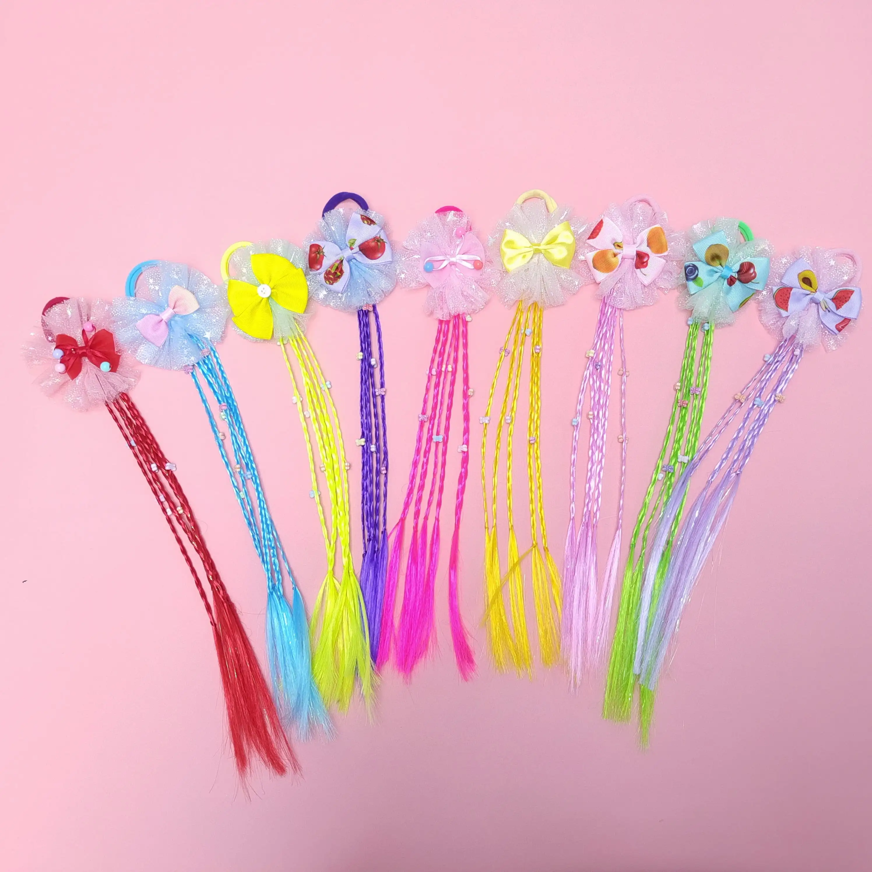 Cute Kids Lovely Colorful Wigs Hair Braids Hair Ties Mesh Print Cartoon Bowknot Hair Rope Rubber Band Small Butterflies Ties